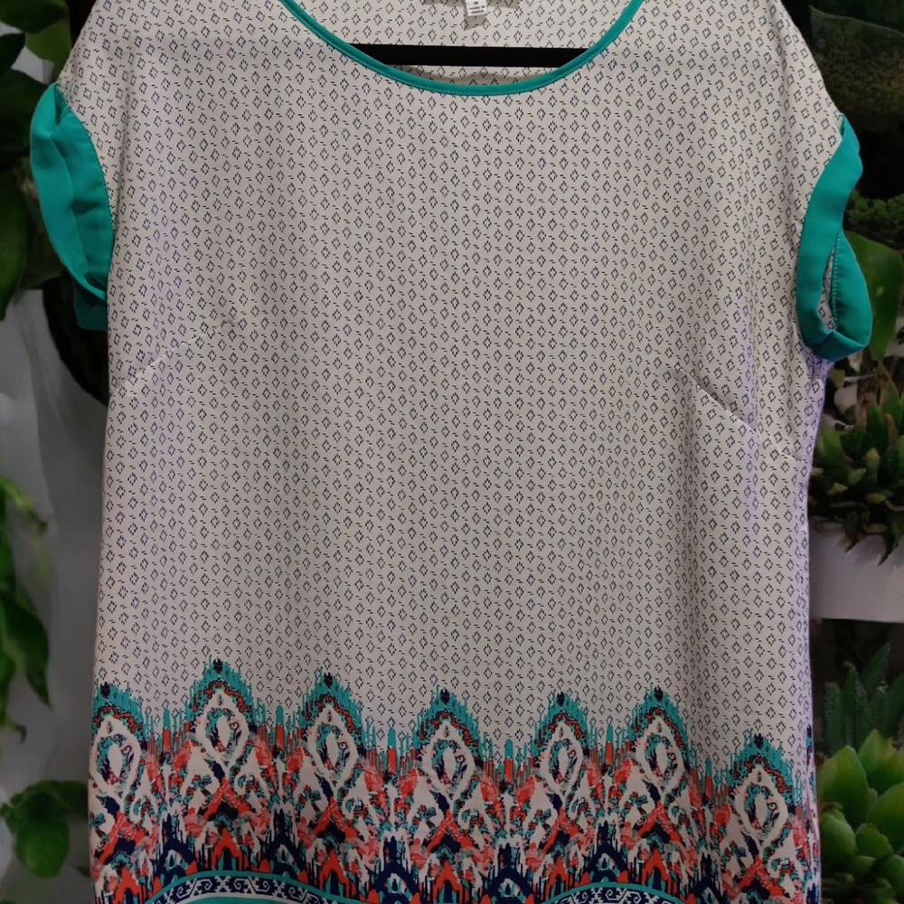 Rose and Olive Patterned Women's Top with Teal Accents